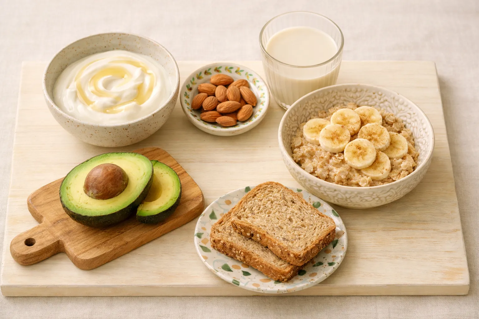 Alimentos para aliviar la acidez estomacal durante el embarazo: yogur, avena, almendras y aguacate