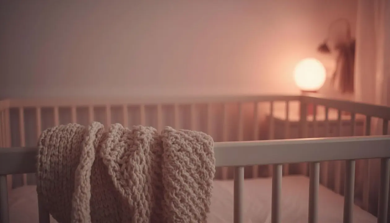 Cuna de bebé al atardecer con mantita de muselina y mordedor de silicona, luz suave