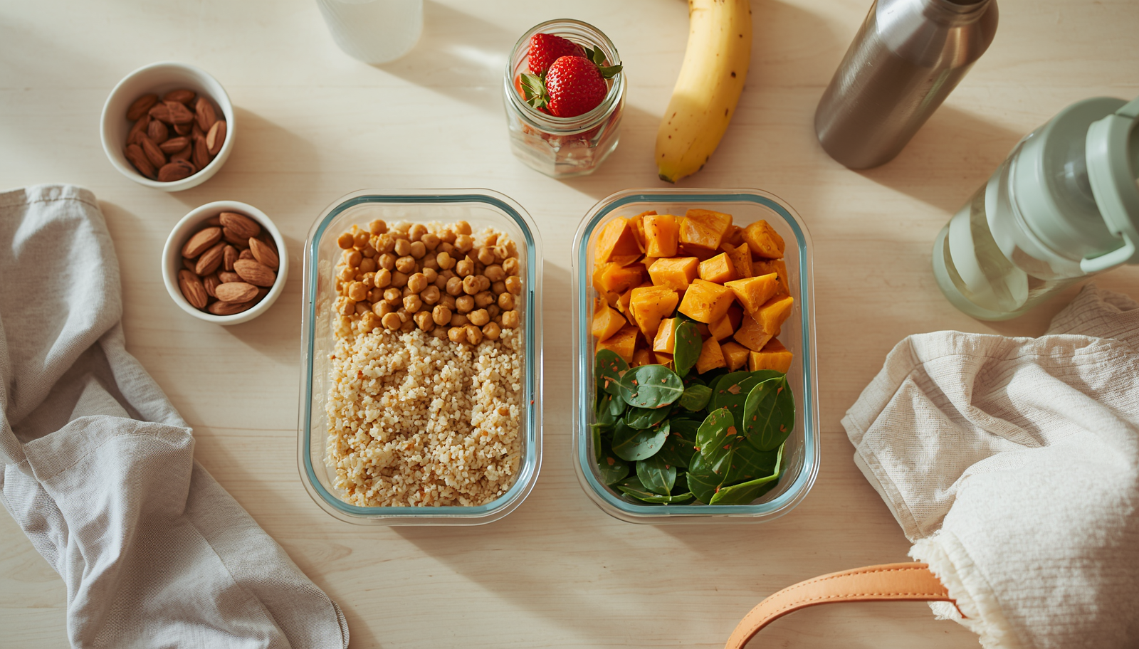 Tarteras de cristal con comida preparada, fruta cortada y frutos secos sobre una encimera, listas para llevar al trabajo
