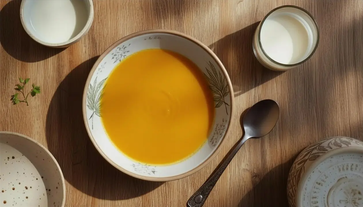 Crema de calabaza y jengibre con leche vegetal en mesa con mantel rosa pastel
