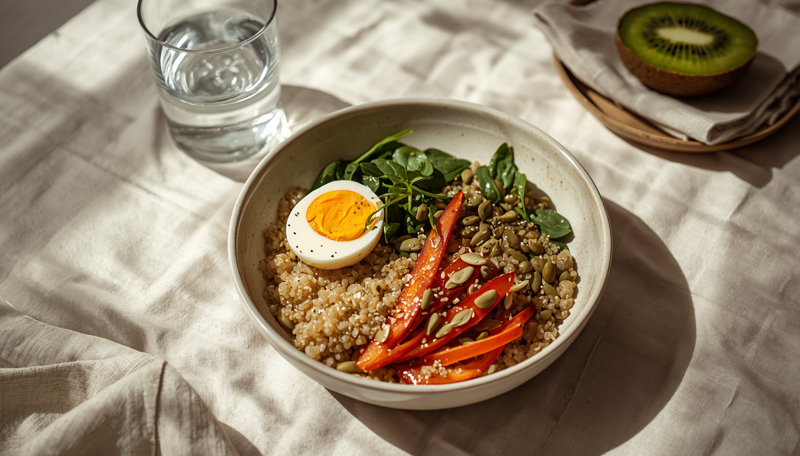 Bowl de quinoa con huevo, espinaca y pimiento rojo sobre mesa clara, plato suave de posparto
