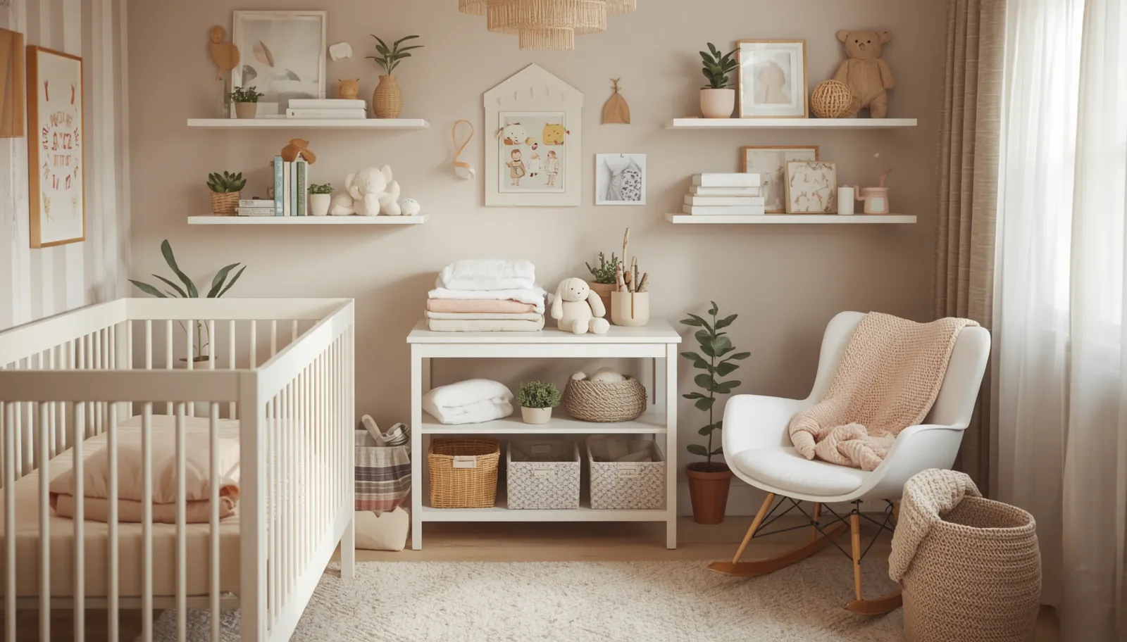 Cuarto del bebé organizado por instinto de nido: cuna, ropa y decoración lista