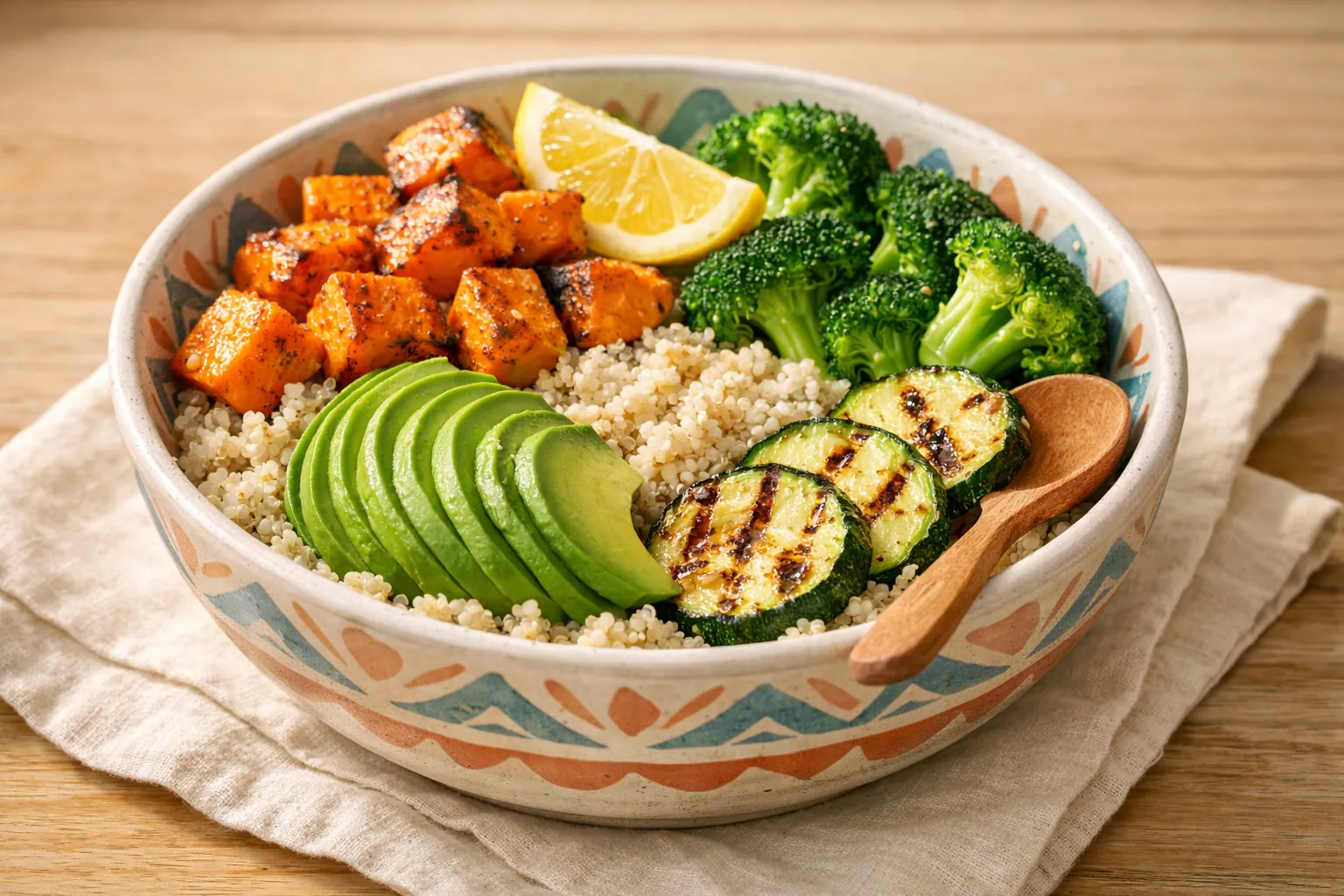 Bowl de quinoa con vegetales asados y aguacate: una de las recetas estrella del meal prep