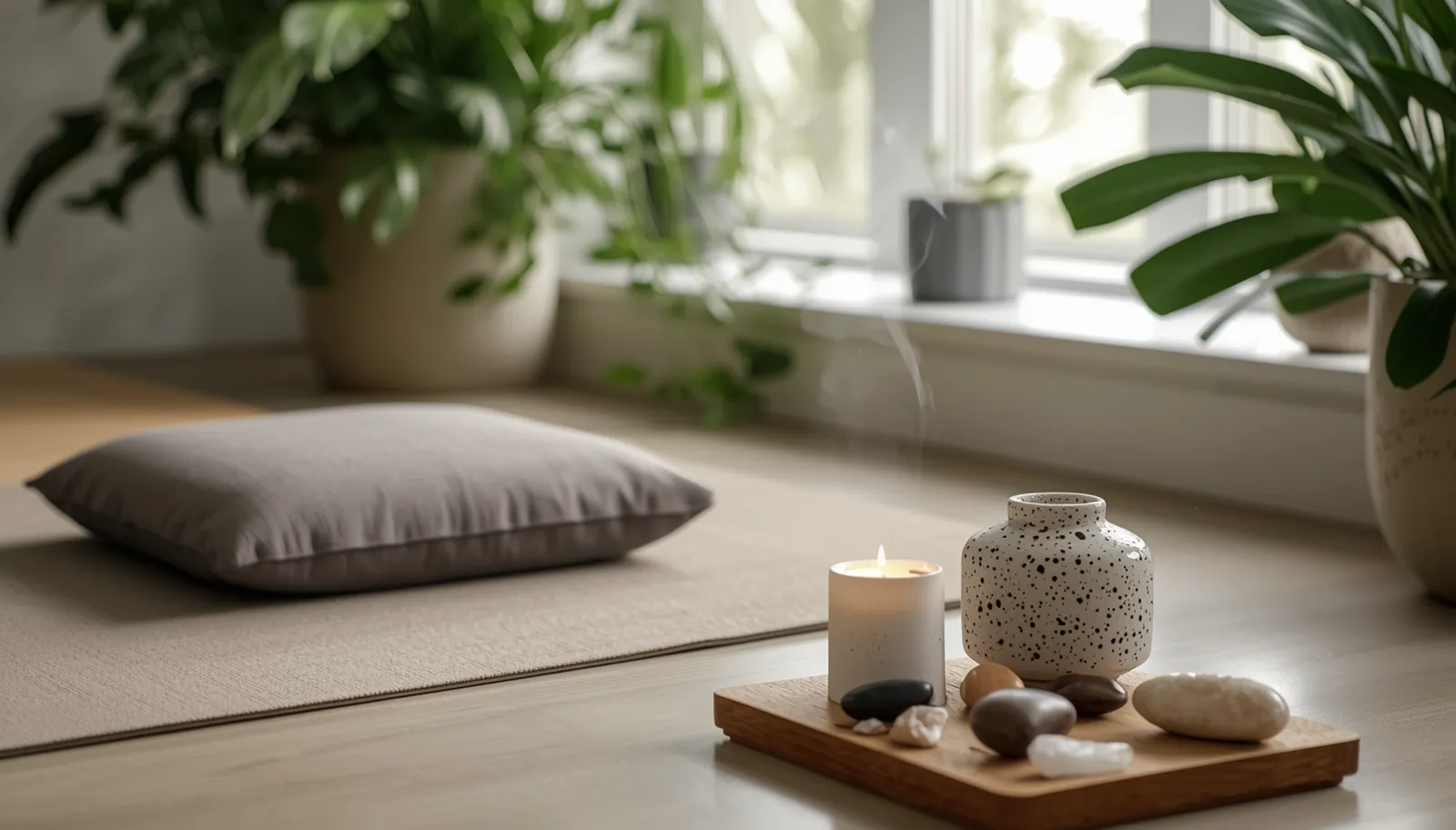 Espacio de meditación y respiración para embarazadas: ambiente sereno con velas y plantas
