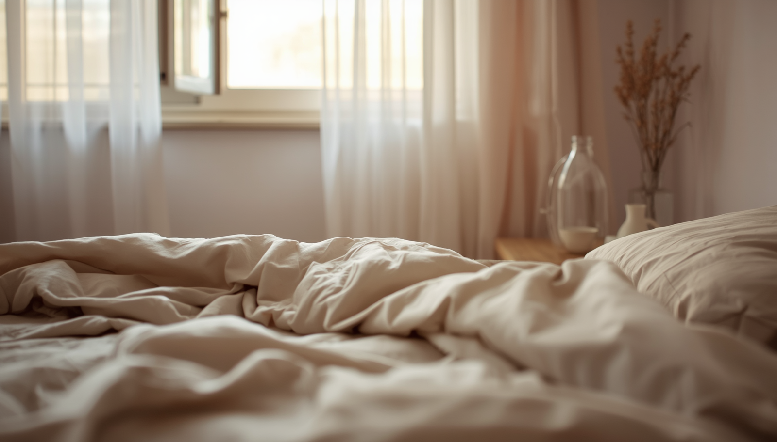 Dormitorio fresco con ventana entreabierta, sábanas de algodón claras y una botella de agua en la mesita de noche