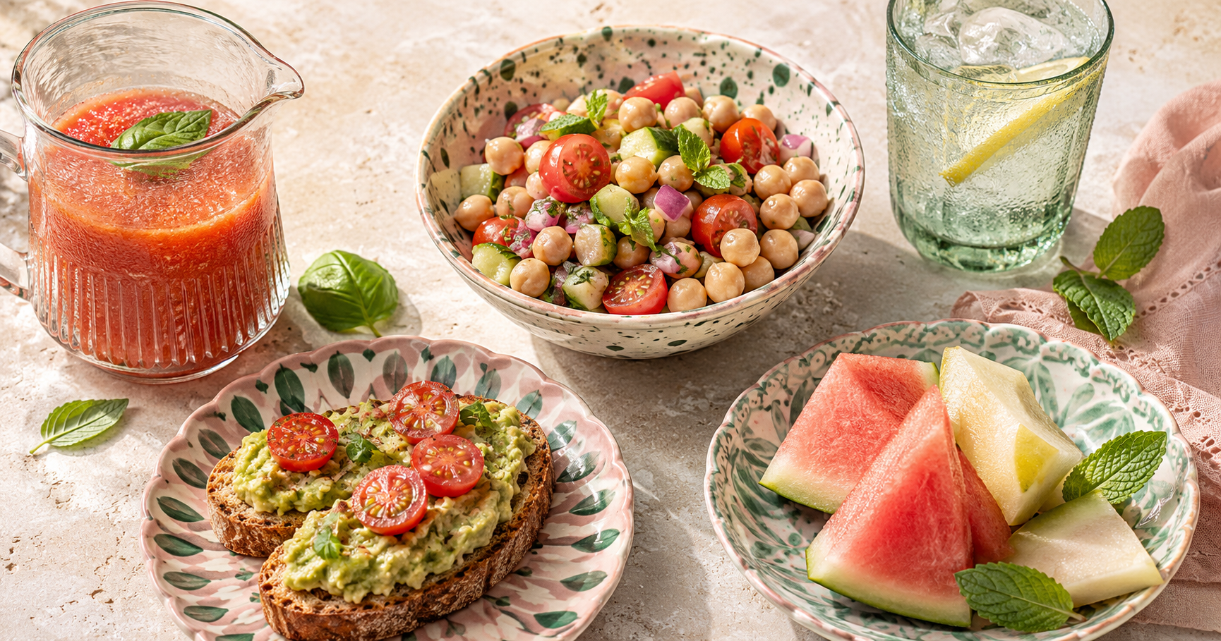 Gazpacho, ensalada de garbanzos y tostada de aguacate sobre mesa fresca con fruta de verano