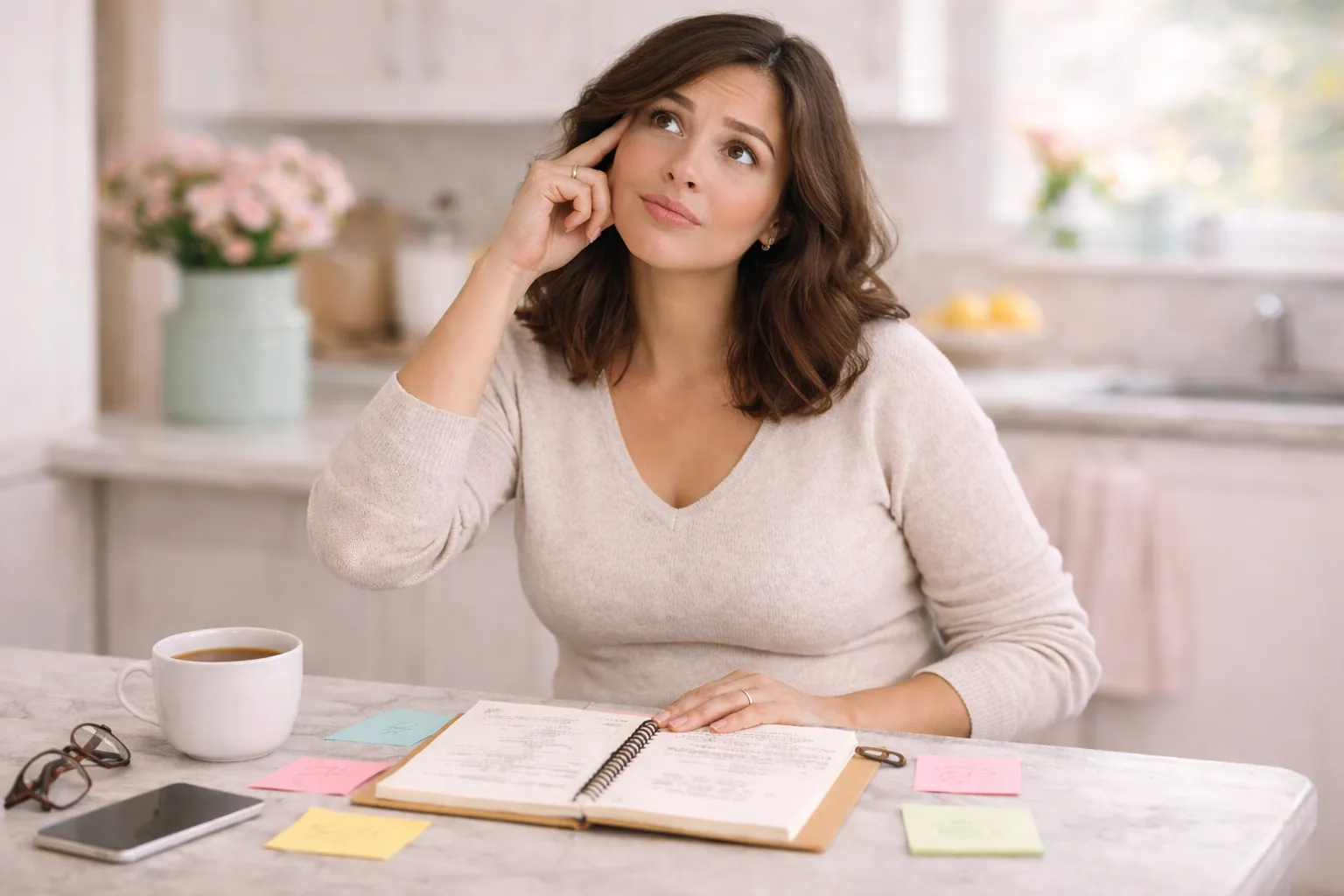 Pregnancy brain: escritorio con notas, té olvidado y listas, la vida cotidiana con olvidos del embarazo